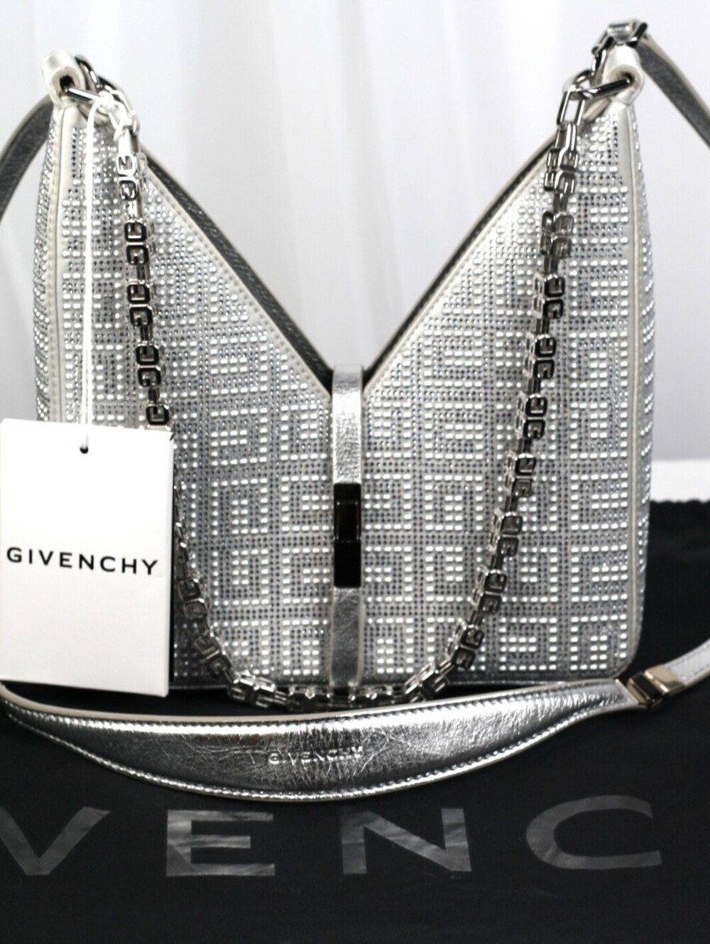 Givenchy Cut Out Mini Bag Silvery Grey Crystal Embellished Silk NWT